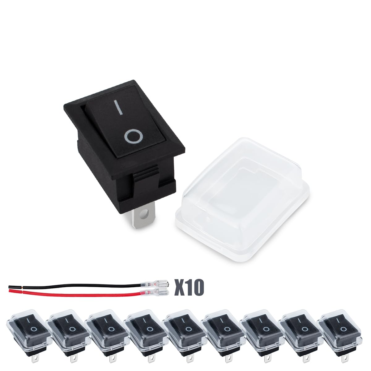 Innfeeltech 10 Pcs Black Mini Rocker Switch Black KCD1-101 2 Pin 2 Position Toggle Switch, 20 Wires (10 Black, 10 Red) with 10 Waterproof Caps