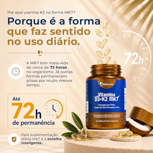 Vitamina D3 2.000 UI + K2 MK7 com TCM e Óleo de Oliva Prensado a Frio em Cápsulas