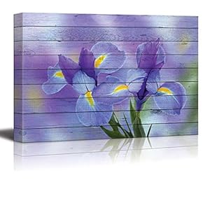 Purple Irise Flowers Over a Blurry Purple Back Ground with Wood Panels - Canvas Art Home Art - 12x18 inches