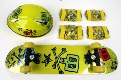 VCAN Sports VC2406CB-Y SKULL Yellow Skull Design Youth Skateboard Combo Pack with Board, Helmet, Knee and Elbow Pads