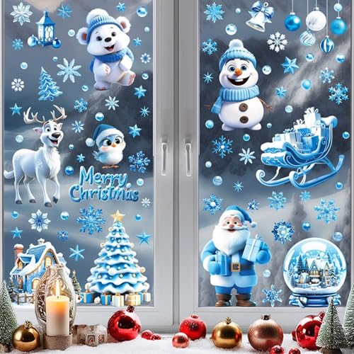 9pcs Double-Sided Printing Cute Christmas Stickers Window Decorations Christmas Window Clings, Static Snowflakes Decals for Windows Ornaments Thanksgiving Party Supplies Holiday (Blue-1)