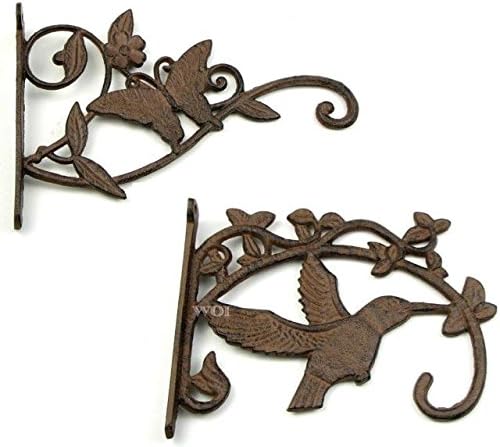 Lot Of 2 Butterfly &amp; Humming Bird Cast Iron Plant Holder Hanging Hook Bracket