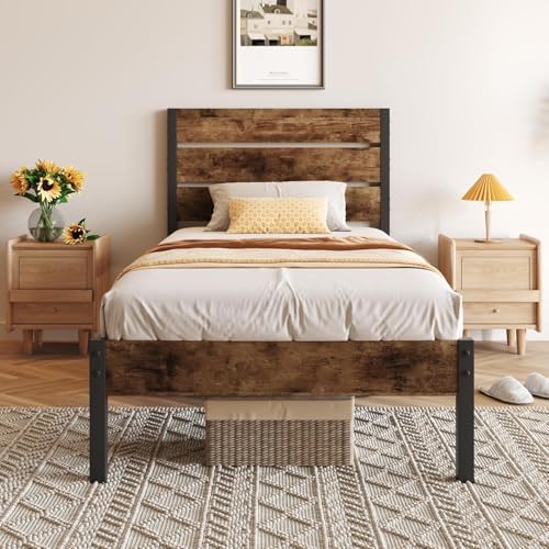 Marco de Cama Individual con Cabecera y Pie de Cama, Base de Cama con Cabecera Individual Espacio de Almacenamiento Debajo de Cama, Base Cama con Sistema de Soporte Totalmente de Metal, Fácil Montaje