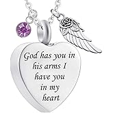 God has You in his arms with Angel Wing Charm Cremation Ashes Jewelry Keepsake Memorial Urn Necklace with Birthstone Crystal