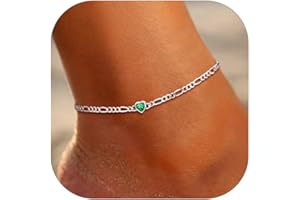 U7 SILVERCUTE Sterling Silver Anklets for Women, Large Heart/Round Birthstone Ankle Bracelet with Figaro Chain, Waterproof Summer Beach Foot Jewelry Length 8.5"-10.5"