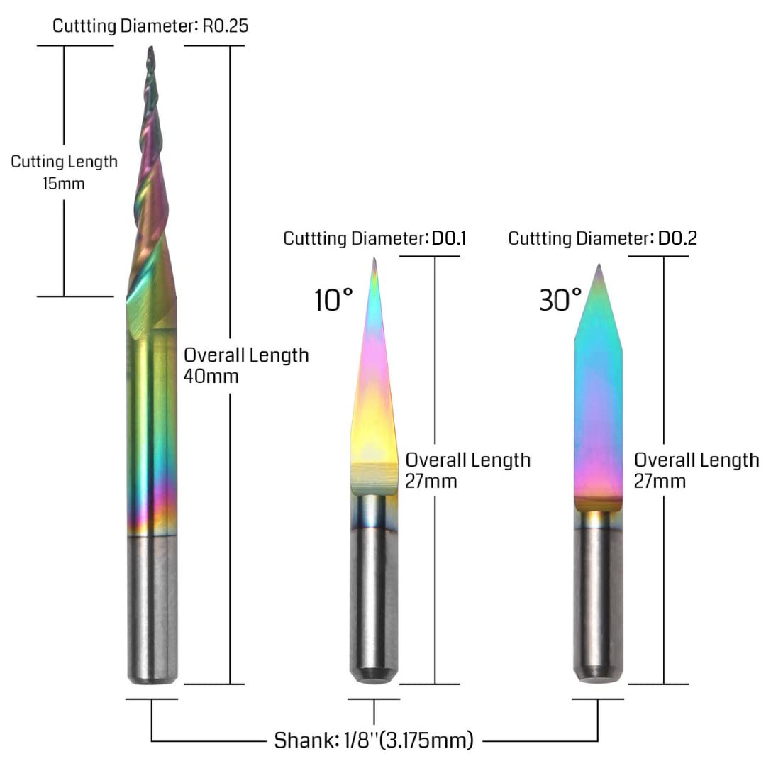 3PCS V-Shape Tapered Ball Nose End Mills for Aluminum, Copper, Brass Engraving and Other Metals Carving, Chromatic Coating CNC Bits, 1/8''(3.175mm) Shank, EM03A