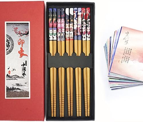 Chopsticks, Reusable 5 Pairs Natural Bamboo Lightweight, Gift Set with Case Postcard Bonus (Fortune Cat)