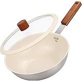 MARSKITOP Ceramic Wok with Lid, 9.5 Inch Stainless Steel Nonstick Stir Fry Pan with Wooden Handle, Compatible with All Stovetops, PFAS Free