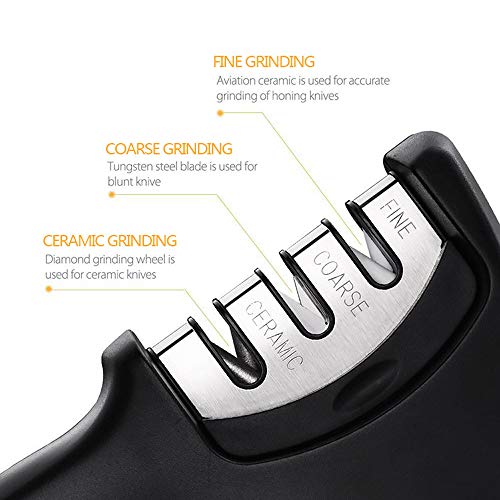 Kitchen Knife Sharpener, 3 Stage Coated Wheel System, Stainless Steel for Straight Tungsten/Diamond/Ceramic Knives Black