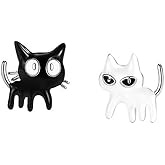 Asymmetrical Black White Cat Earrings for Women Girls 925 Sterling Silver Enamel Cats Kitten Cute Animal Small Studs Earring Hypoallergenic Lovely Jewelry Gift for Pet Lover