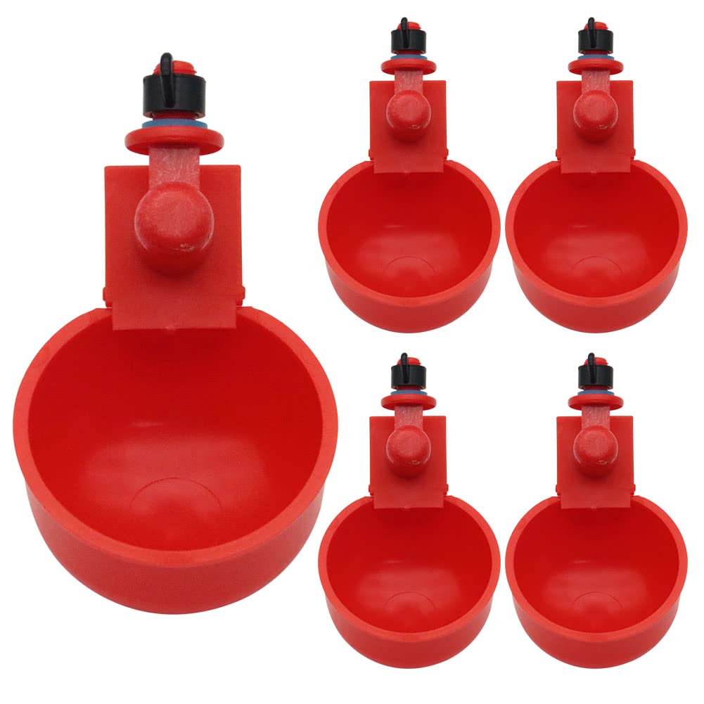 5 Pcs Automatic Poultry Cup Chicken Water Drinker for Chicks Ducks Quail, Birds Water Dispenser, 3/8 Inch Thread (Red)