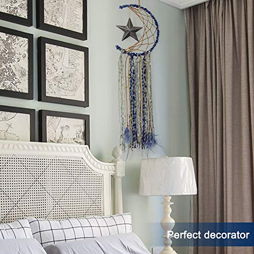 TEESHLY Moon Star Dream Catcher Handmade Crescent Shape Dreamcatchers for Wall Decor, Blue Feather Hanging Ornament for Home Decoration Festival Gift