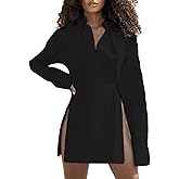 LYANER Women's Collar V Neck Blouse Long Sleeve Button Down Split Hem Long Shirt Top