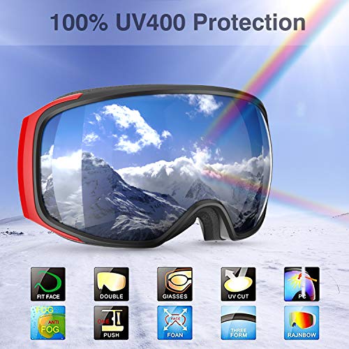 Andake OTG Ski Goggles Dual Lens Over Glasses Ski Snowboard Goggles Anti-Fog UV 400 Protection Snow Goggles Winter Outdoor Sports Protective Glasses - Thumbnail 6