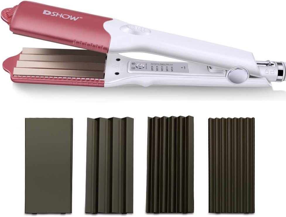 DSHOW 4 in 1 Hair Crimper Hair Waver Hair Straightener Curling iron with 4 Interchangeable Ceramic Flat Crimping Iron Plate, Pink