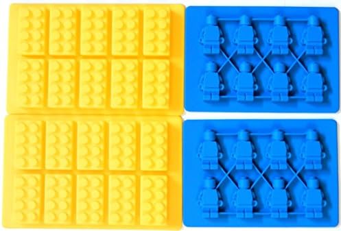 XCSSKG 2 Building Brick and 2 Little Man Robot Silicone Mold Tray Candy Ice Soap Crayons Chocolate Ice Cube for Lego Lovers (2 Little Man & 2 Building Bricks)