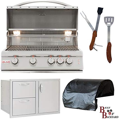 Review Blaze LTE 4-Burner 32″ Liquid Propane Gas Grill with Blaze 32″ Door & Double Drawer Combo, Blaze Grill Cover & 5 in 1 BBQ Tool by Best of Backyard
