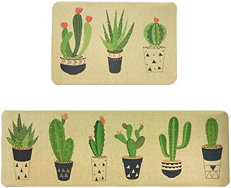 Wolala Home Natural Rubber Non-Slip Absorbent Oil Proof Kitchen Rug and Carpet Cactus Comfortable Resist Fatigue Foot Mats 2pcs Sets(18''x29''+18''x59'')