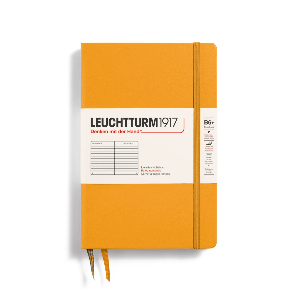 LEUCHTTURM1917 368498 Notebook Paperback (B6+), Hardcover, 219 Numbered Pages, Rising Sun, Ruled