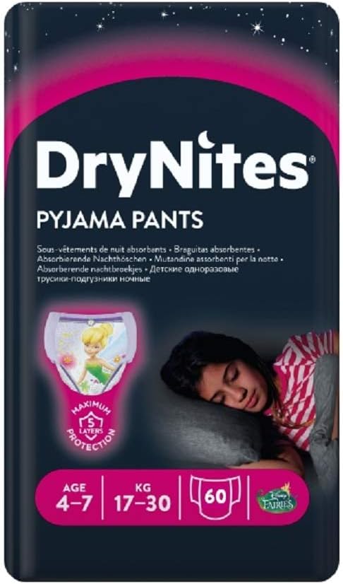 Huggies DryNites Girl's Pyjama Pants, 4-7 Years, 2 Pack of 3 x 10 pieces - 60 Diapers, White Or Light Color, 4-7 Years (Pack of 60)