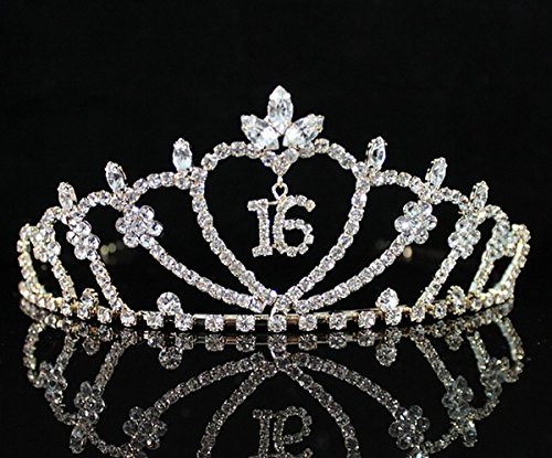 Janefashions SWEET SIXTEEN 16 RHIESTONE TIARA CROWN WITH COMBS PARTY JEWELRY T538 GOLD TONE
