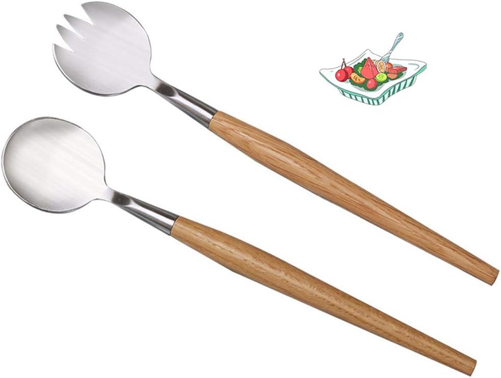 Salad Servers Tableware Set Stainless Steel Salad Spork and Spoon with Oak Wood Handle, Dinnerware Set for Mixing and Stirring,2pcs