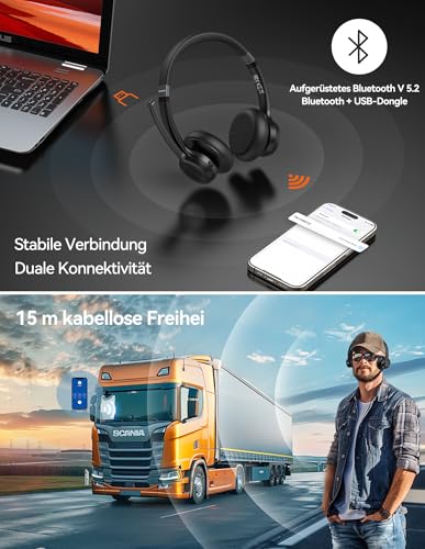 TECKNET V5.2 Bluetooth Headset with Microphone & USB Dongle Wireless Headset with Noise Cancelling and Mute Microphone On-Ear Headphones Wireless for Trucker / Call Center / Office - 50+ Hours Battery