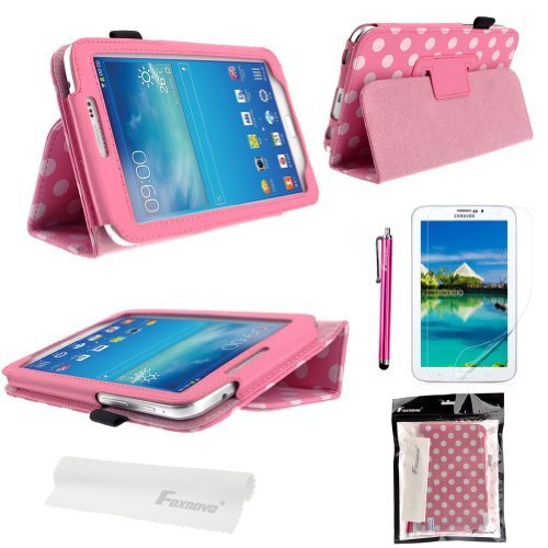 FoxnovoÂ® 4 in 1 Stand Set Polka Dot Flip PU Leather Case Cover for Samsung Galaxy Tab 3 7.0 P3200 / P3210 / T210 / T211(Pink)