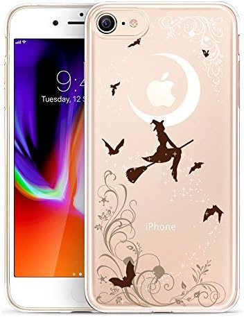 iPhone 8 Case, GoldSwift Clear Flexible Gel Case for iPhone 8 and iPhone 7 with Tempered Glass Screen Protector (Halloween Witches)