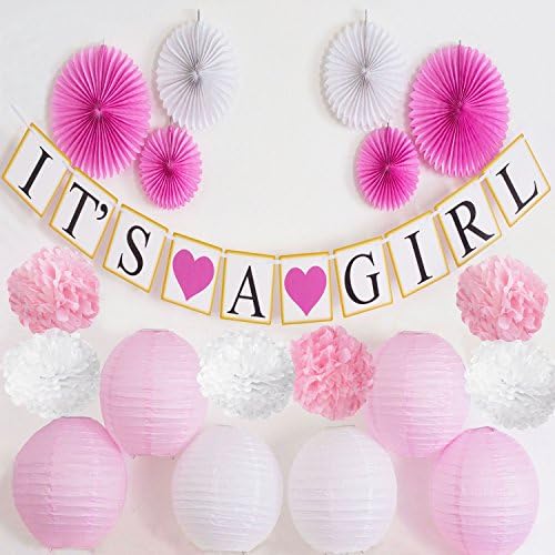 Baby Shower Decorations for Girl (IT'S A GIRL) Gold Garland Banner | Tissue Flower Pom Poms, Paper Fans, Paper Lanterns, Pink and Gold Party Supplies, Pink Party Decorations