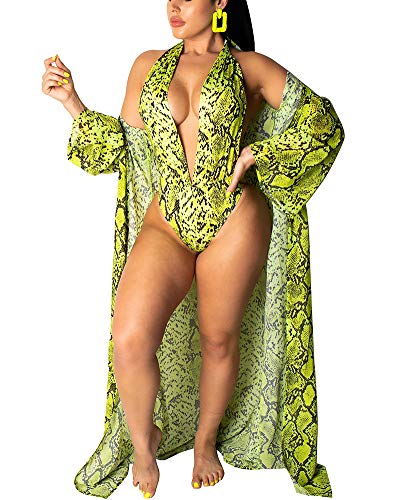 Women Sexy V Neck Boho Print Bikini Swimsuit with Long Kimono Cardigan Cover Ups