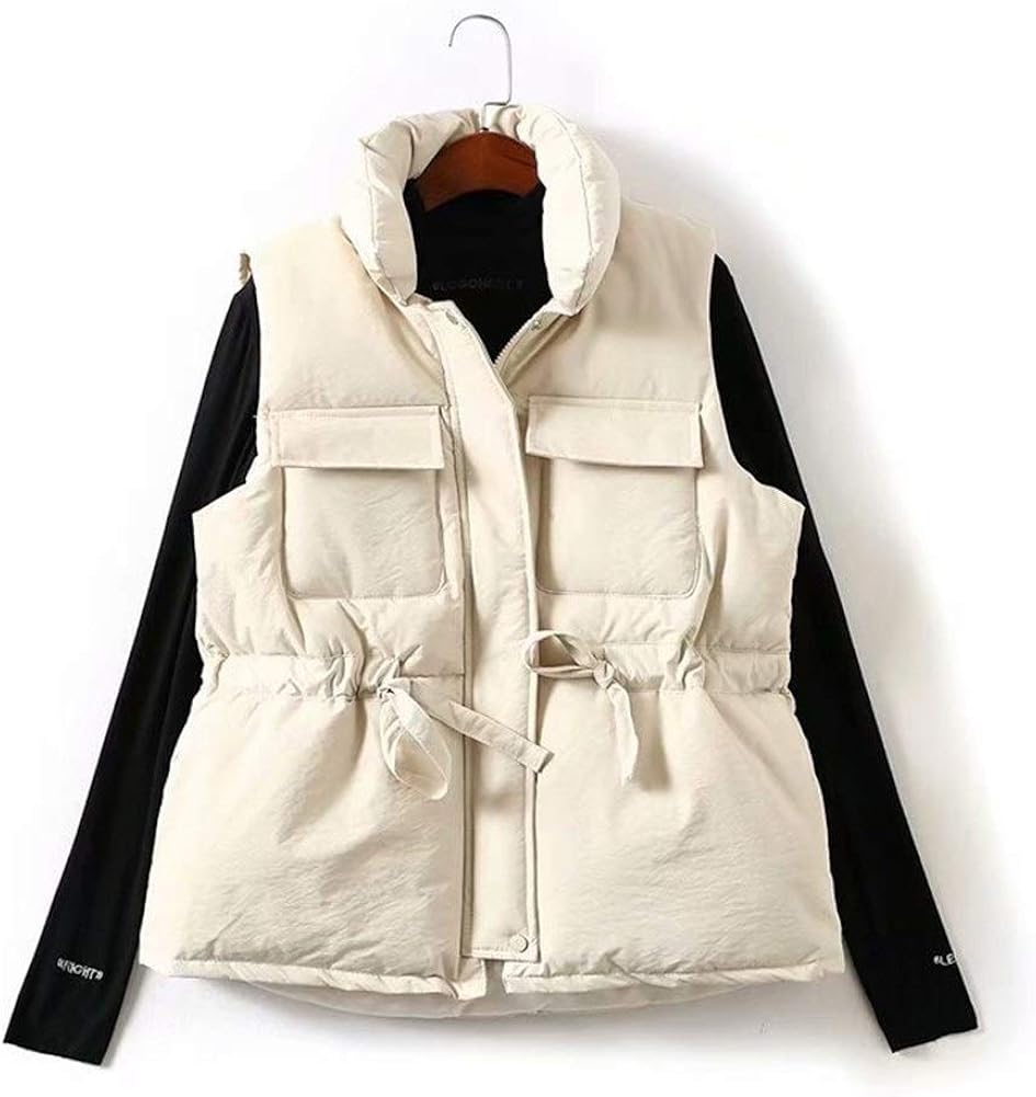 Gilets for Women Drawstring Collar Double Pocket Cotton Vest Jacket for