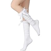 Xelsluthe White Knee High Socks Women with Bow Cotton Lolita Socks Long Over the Knee Sock Women's Girls Bow Ruffled Trim Thigh High Stockings for Daily Dress Dating Dance, 14 Inch Stockings