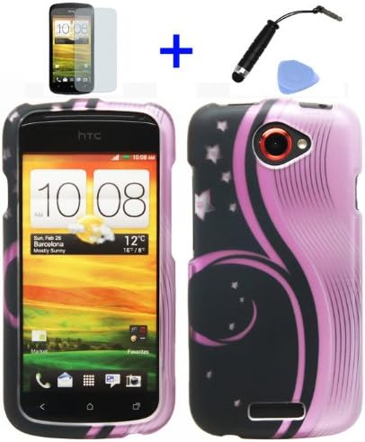 (4 items Combo: Stylus Pen, Screen Protector Film, Case Opener, Graphic Case) Pink Black Aurora Wave Black Night Snow White Flower Vine Design Rubberized Snap on Hard Shell Cover Faceplate Skin Phone Case for T-Mobile HTC One S / Ville