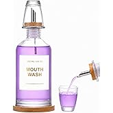 11.8 oz Glass Mouthwash Dispenser for Bathroom, Refillable Mouthwash Container with Glass Cup, Bamboo Tray, Stainless Steel &amp; Bamboo Nozzle, Bathroom Decor, Clear