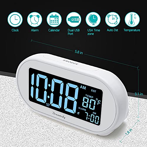 DreamSky Auto Time Set Alarm Clock for Bedroom, 0100 Dimmable