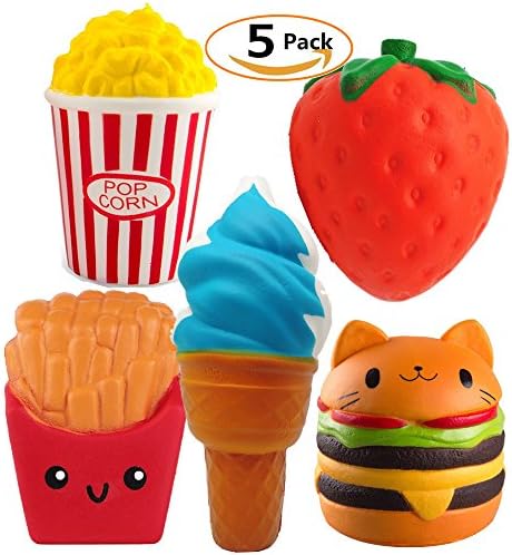 Qvatox Slow Rising Squishies Squeeze Toy 5Pcs Jumbo Hamburger Strawberry Popcorn Fries Ice Cream Soft Kawaii Charms for Kids Adults Relief Stress Gifts Toys