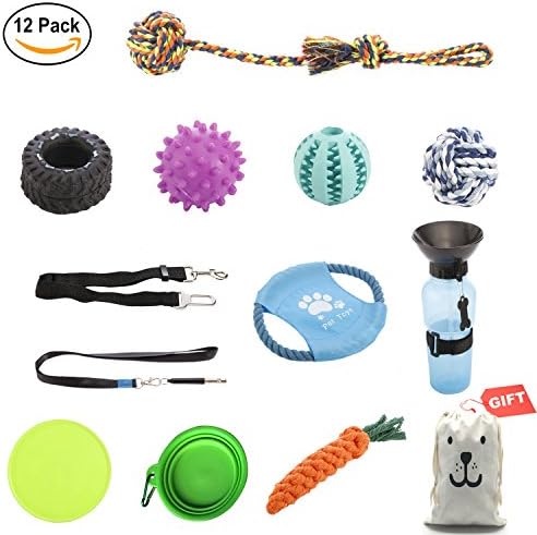 Siiziitoo Dog Toy Set Dog Toy 12 Pack Puppy Chew Toys Pet Feeder Ball Cotton Ropes Toy Dog Car Seatbelt Dog Squeak Toys Dog Whistle And Collapsible Pet Dog Bowl for Small Medium Dogs