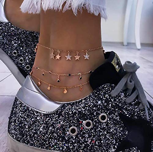 YERTTER Women Layered Gold Star and Sequin Rhinestones Ankle Bracelet Charm Beaded Dainty Foot Jewelry for Women and Teen Girls Summer Barefoot Beach Anklet Set of 3 - Thumbnail 7