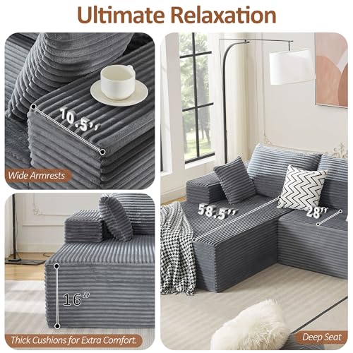 WUTUTUEE 110" Boneless Sectional Couch with Chaise Lounge, Cloud Couch Compressed Sofa L Shape, No Assembly Memory Foam Sofa for Living Room, Grey Corduroy