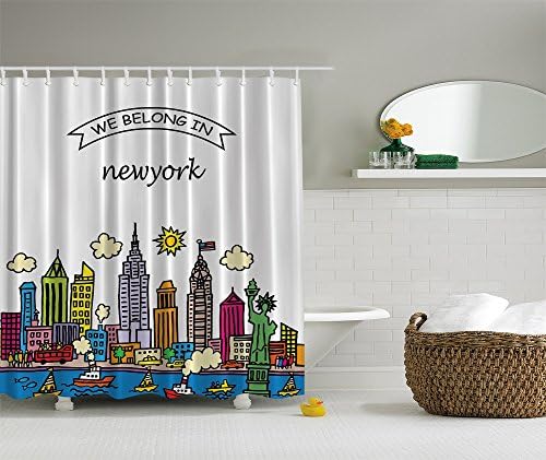 New York City Skyline Liberty Statue Design Digital Graphic Art Print Deluxe Shower Curtain Set Non Vinyl Bath Tub Liner Waterproof Fabric Mildew Resistant Material Hooks Included NYC Manhattan Theme