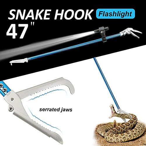 47 Inch Snake Tongs,Professional Standard Reptile Grabber Rattle Snake Catcher Stick Wide Jaw Handling Tool by Flinelife,Smart Bright Flashlight
