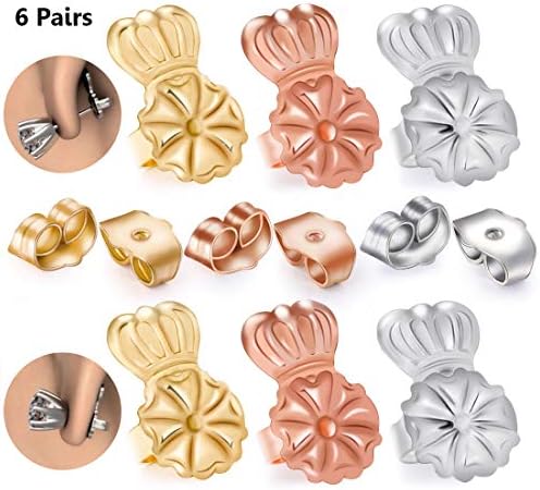 Hypoallergenic Earring Lifters and Adjustable Earring Backs - 6 Pairs Safety Backs for Earrings (Silver + Rose Gold + Gold 6 Pairs)