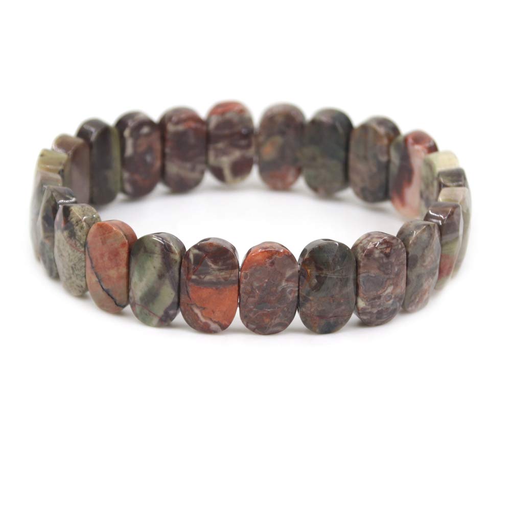CHENYUE Natural Blossom Agate Gemstone 14mm Faceted Oval Beads Stretch Bracelet 7.5 Inch Unisex