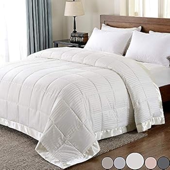 downluxe Lightweight Queen Down Alternative Blanket with Satin Trim, Ivory
