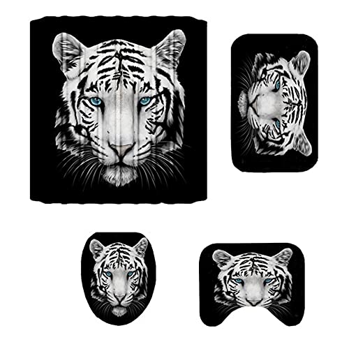 4 Pcs White Tiger Shower Curtain Sets with Non-Slip Rug, Bathroom Decor Sets Shower Curtain Toilet Mat Lid with 12 Hooks,Bathroom Sets with Shower Curtain and Rugs and Accessories,71\
