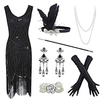 20s Flapper Gatsby Sequin Beaded Evening Cocktail Dress with Accessories Set Black