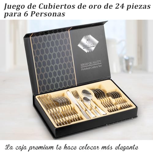 Juego de Cubiertos, 24 Piezas Juego de Cubiertos de Acero Inoxidable, Tenedor, Cuchara, Cuchillo, Set de Cubiertos para 6 Personas, Caja de Regalo y Tarjeta de Felicitación, Lavavajillas (Plata)