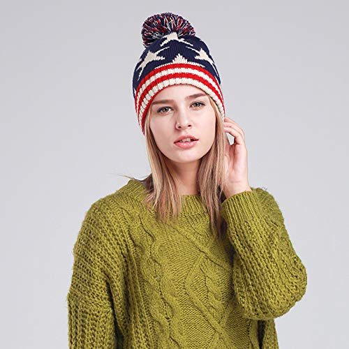 Delila Winter Knitted Pom Beanies Warm Patriotic Skull Cap for Women Men Acrylic Slouchy Ribbed Hat