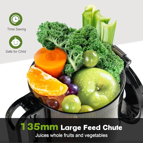 Fretta Cold Press Juicer, 135mm Feed Chute, Whole Fruit Juicer, Easy Clean | Less Prep, Family Batch Juicing, Quiet Operation for Daily Juicing, Stainless Steel Housing, Safety Lock and Reverse Function